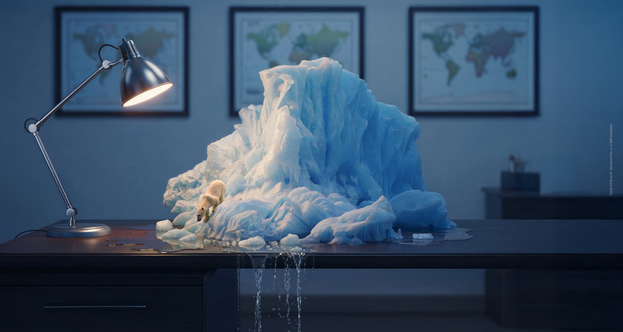 Ein Eisberg auf einem Tisch der im Lampenlicht schmilzt, inklusive Eisbär