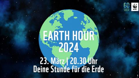 Erdkugel im All mit Schriftzug der Earth Hour 2024